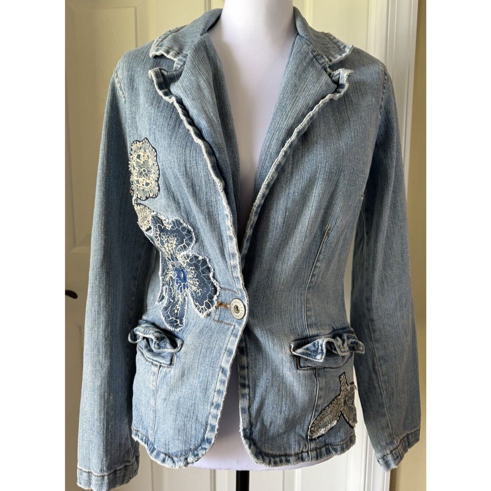 Z Cavaricci denim jean jacket blazer floral Appliqué womens small Y2K 90s Boho